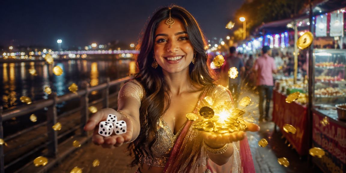 Ahmedabad riverfront gaming scene with dice game and Bollywood theme